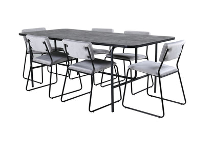 Kenth & Uno spisebordsstol 2-pak grå + rektangulært spisebord 200 x 90 sort