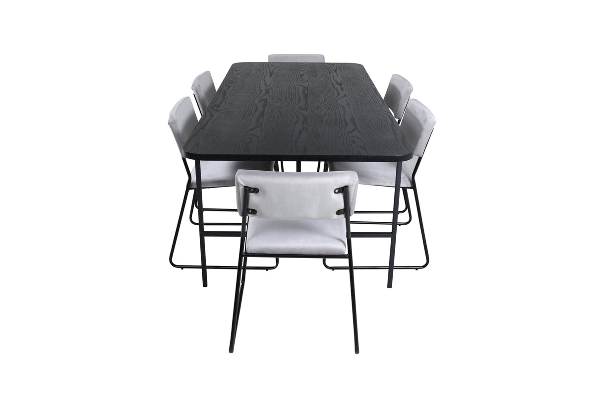 Kenth & Uno spisebordsstol 2-pak grå + rektangulært spisebord 200 x 90 sort