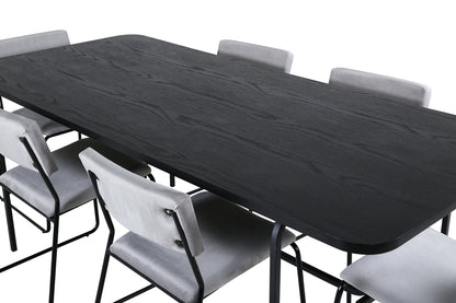 Kenth & Uno spisebordsstol 2-pak grå + rektangulært spisebord 200 x 90 sort