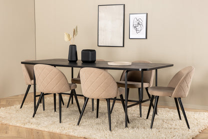 Uno & Velvet rektangulært spisebord 200 x 90 sort + spisebordsstol 2-pak beige