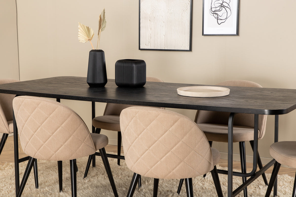 Uno & Velvet rektangulært spisebord 200 x 90 sort + spisebordsstol 2-pak beige