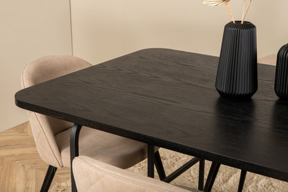 Uno & Velvet rektangulært spisebord 200 x 90 sort + spisebordsstol 2-pak beige