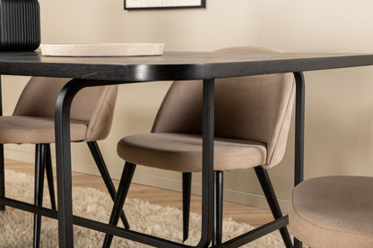 Uno & Velvet rektangulært spisebord 200 x 90 sort + spisebordsstol 2-pak beige