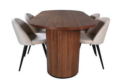 Bianca & Velvet Oval Spisebord 200 x 90 Valnød + Spisebænk 2-pak Beige