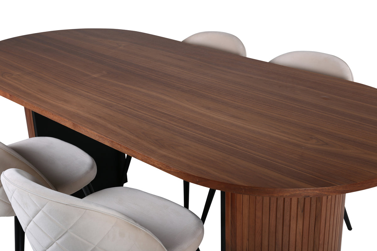 Bianca & Velvet Oval Spisebord 200 x 90 Valnød + Spisebænk 2-pak Beige