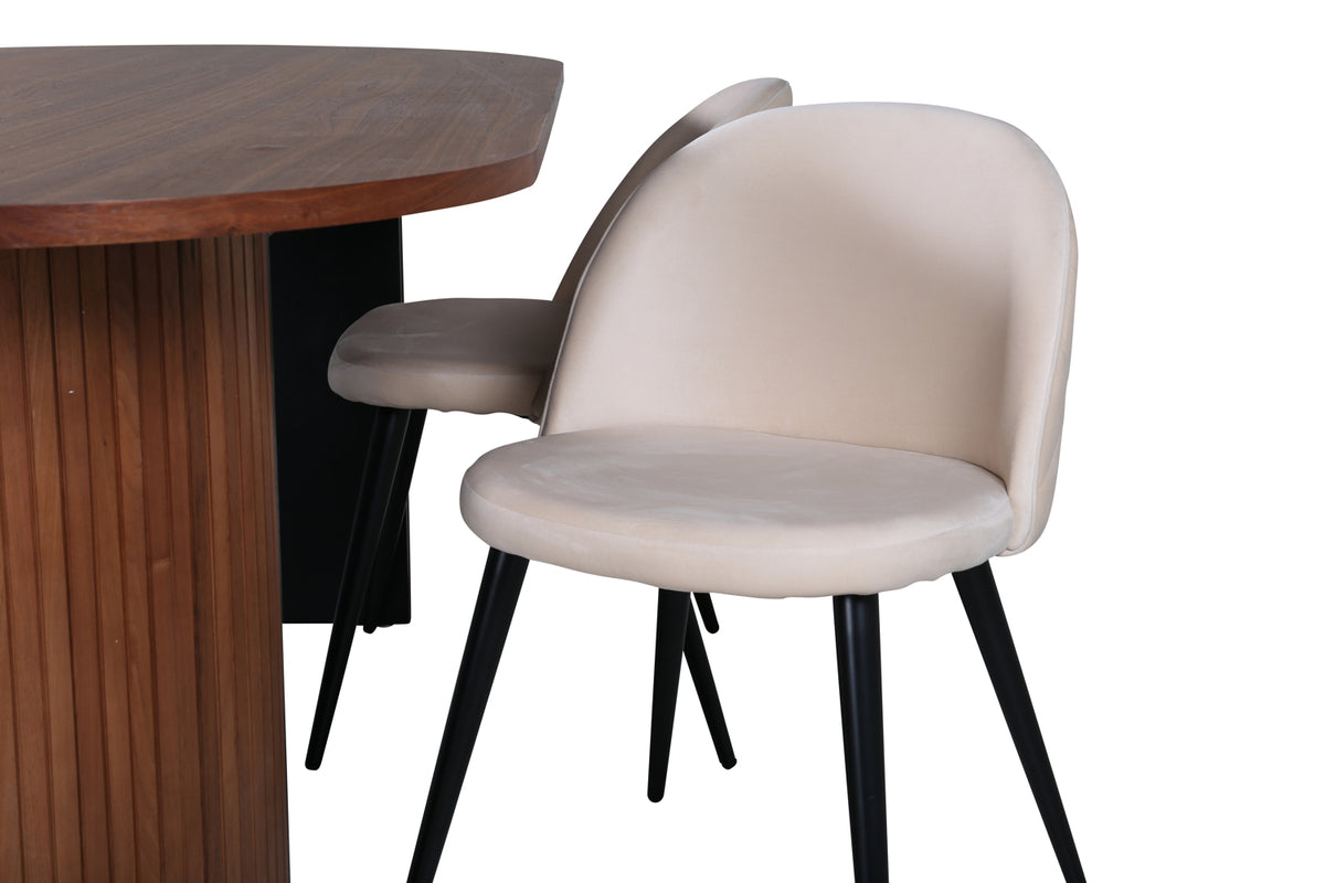 Bianca & Velvet Oval Spisebord 200 x 90 Valnød + Spisebænk 2-pak Beige