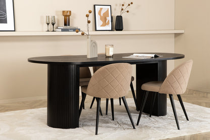 Bianca & Velvet Oval Spisebord 200 x 90 Sort + Spisebænk 2-pak Beige