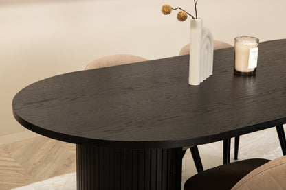 Bianca & Velvet Oval Spisebord 200 x 90 Sort + Spisebænk 2-pak Beige