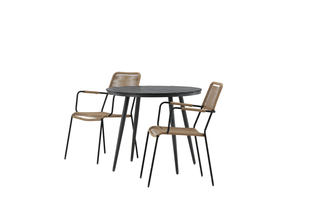 Rundt spisebord 90 Sort + Spisebordsstol 2-pak Brun