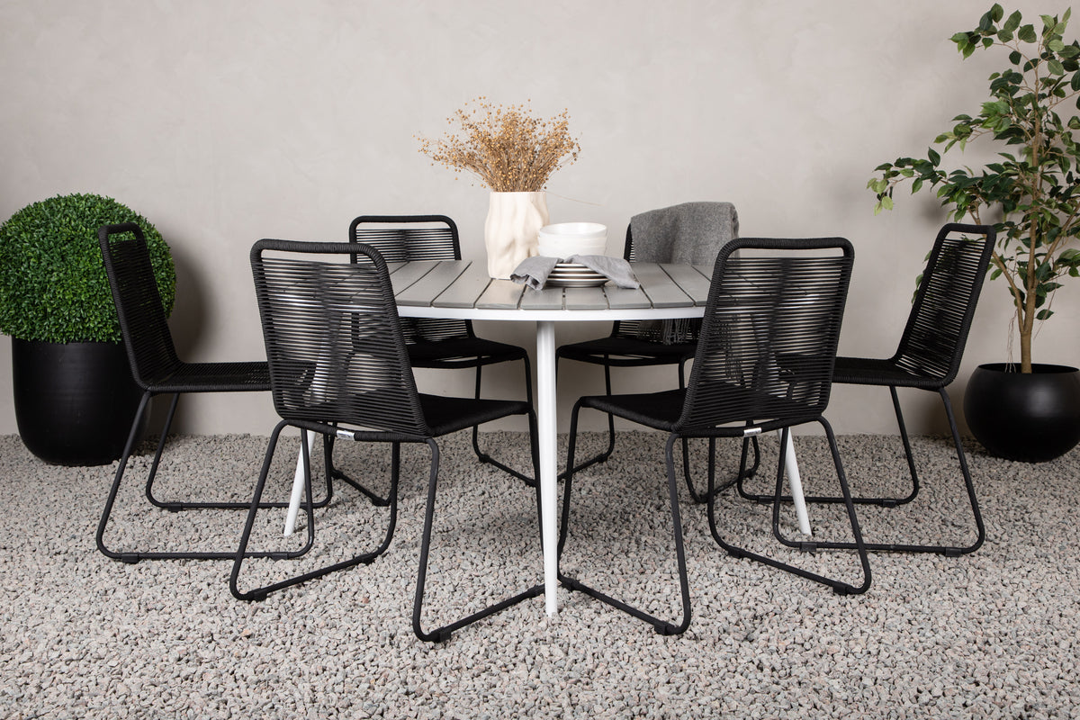 Break & Lindos Rundt Spisebord ø150 Grå + Spisestole Sort