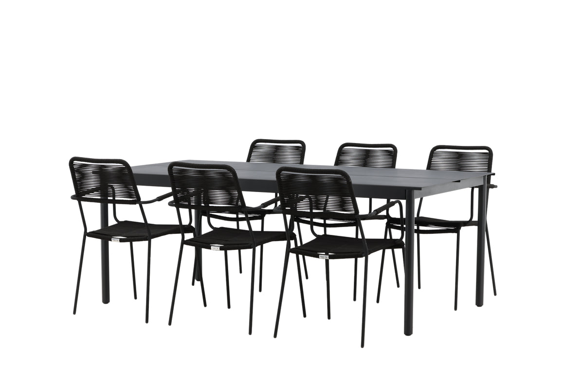 Modena & Lindos Spisebord 200x100 + Spisestole Sort