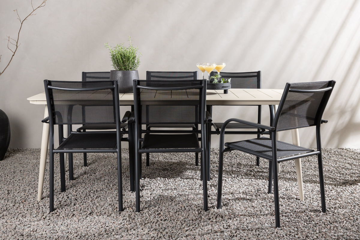 Lina & Santorini Rektangulære Spisebord 200 x 90 Beige + Spisebordsstole 2-pak Sort