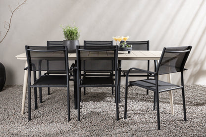 Lina & Santorini Rektangulære Spisebord 200 x 90 Beige + Spisebordsstole 2-pak Sort