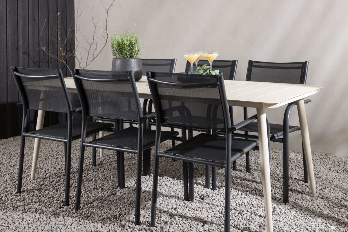 Lina & Santorini Rektangulære Spisebord 200 x 90 Beige + Spisebordsstole 2-pak Sort