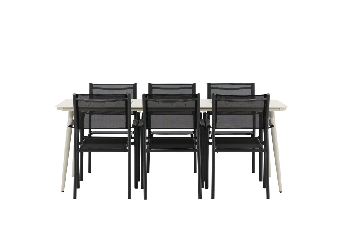 Lina & Santorini Rektangulære Spisebord 200 x 90 Beige + Spisebordsstole 2-pak Sort