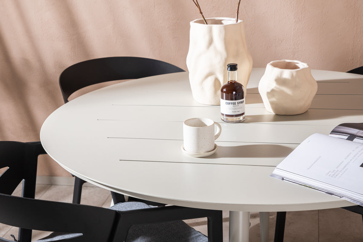Spisebordsstol Sort + Rundt Spisebord 120 Beige