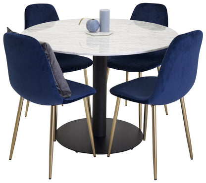 Rundt spisebord 106 Hvid + Spisebordsstol 2-pak Blå