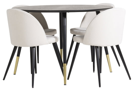 Rundt spisebord 115 Sort + Spisebordsstol 2-pak Creme