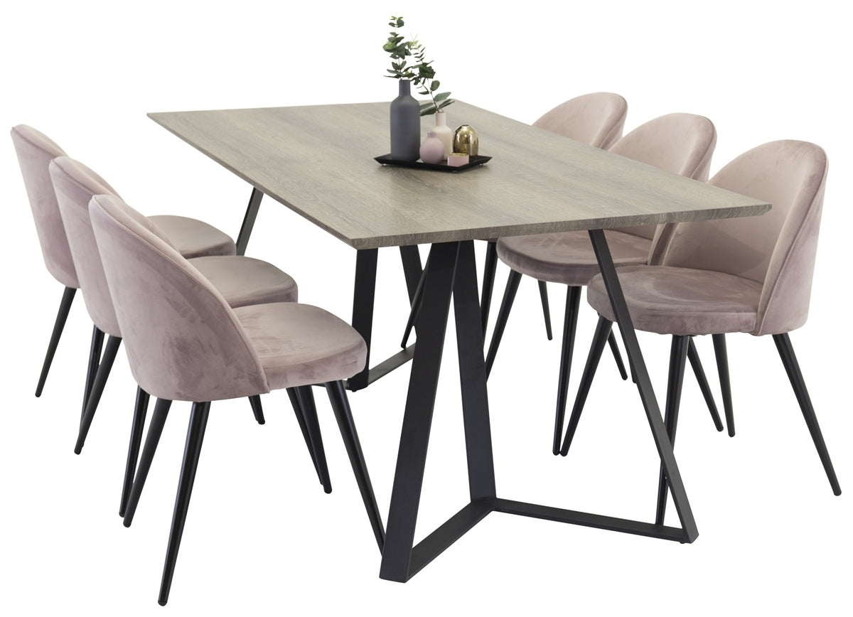 Spisebordsstol 2-pak Dusty Pink + Rektangulært spisebord 180 x 90 Natur