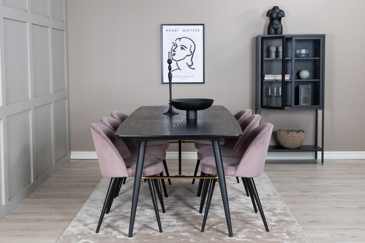 Rektangulært spisebord 180 x 85 Sort + Spisebordsstol 2-pak Dusty Pink