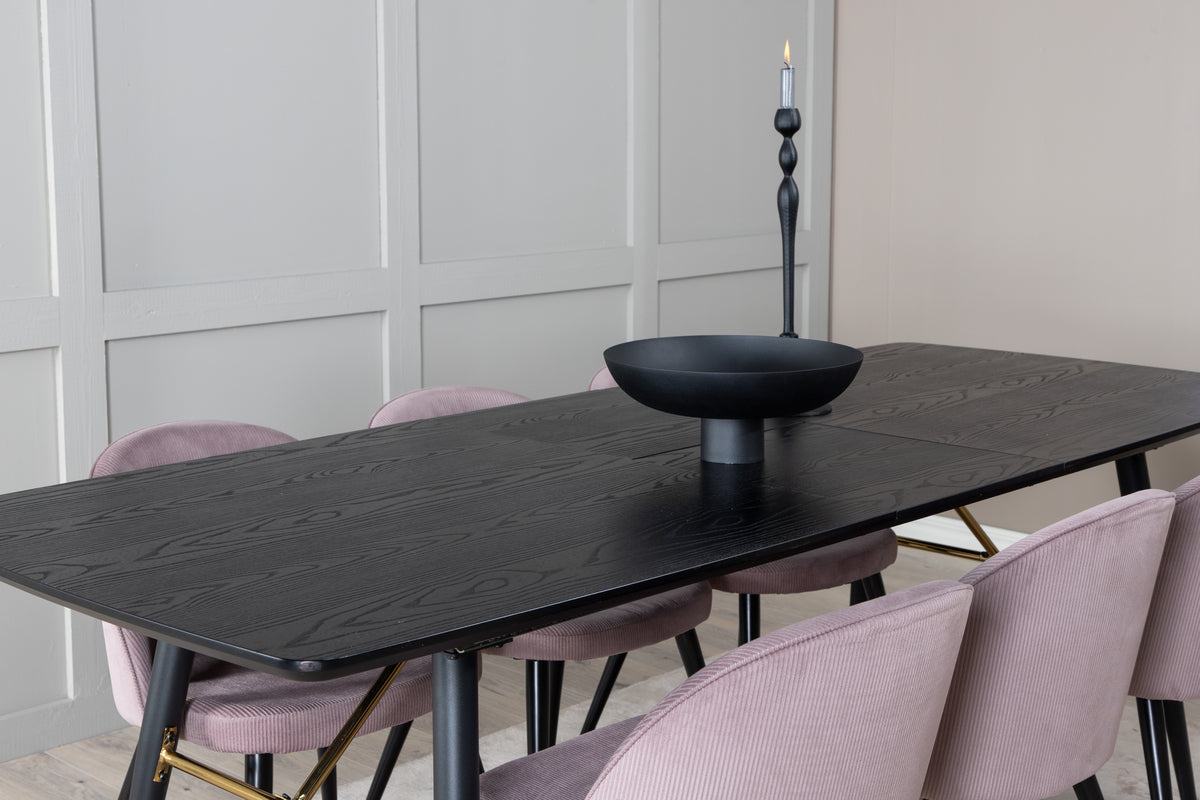 Rektangulært spisebord 180 x 85 Sort + Spisebordsstol 2-pak Dusty Pink
