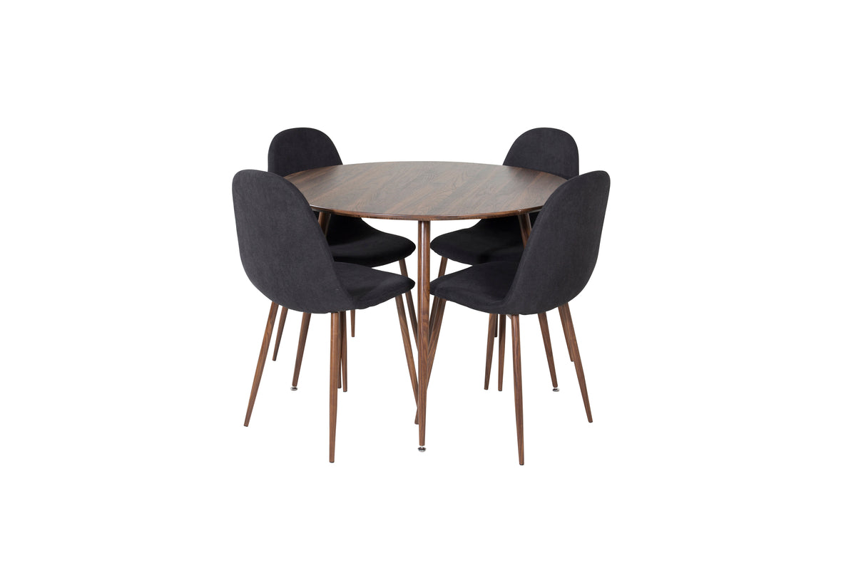 Rundt spisebord 100 valnød + Spisebordsstol 2-pak sort