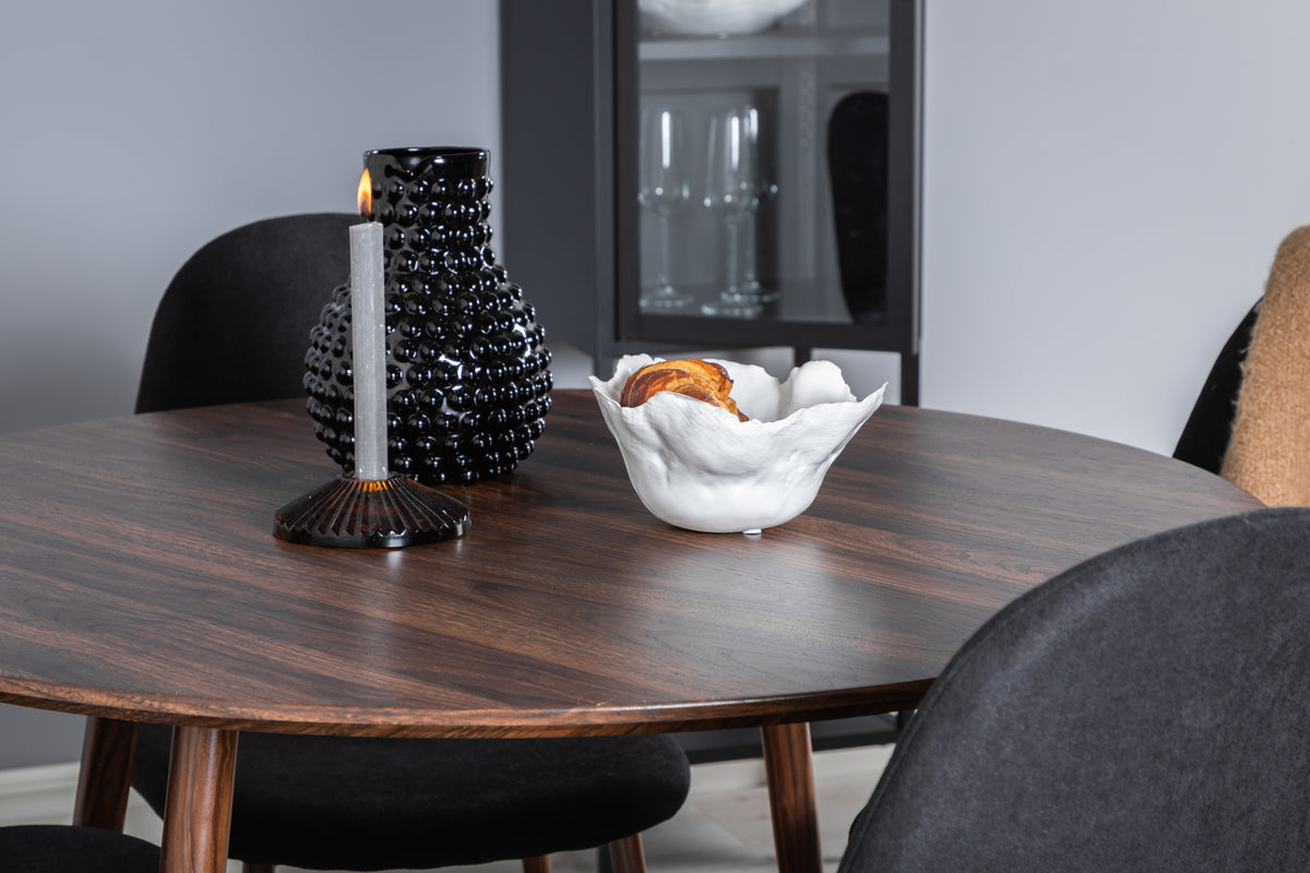 Rundt spisebord 100 valnød + Spisebordsstol 2-pak sort