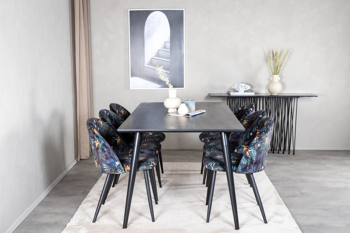 Dipp & Velvet Rektangulært Spisebord 180 x 90 Sort + Spisestol 2-pak Sort