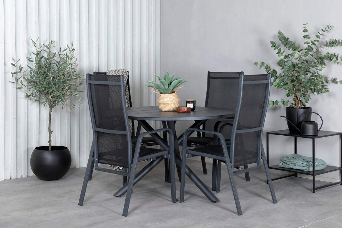 Alma & Copacabana Spisebord ⌀120 + Reclinerstole Sort