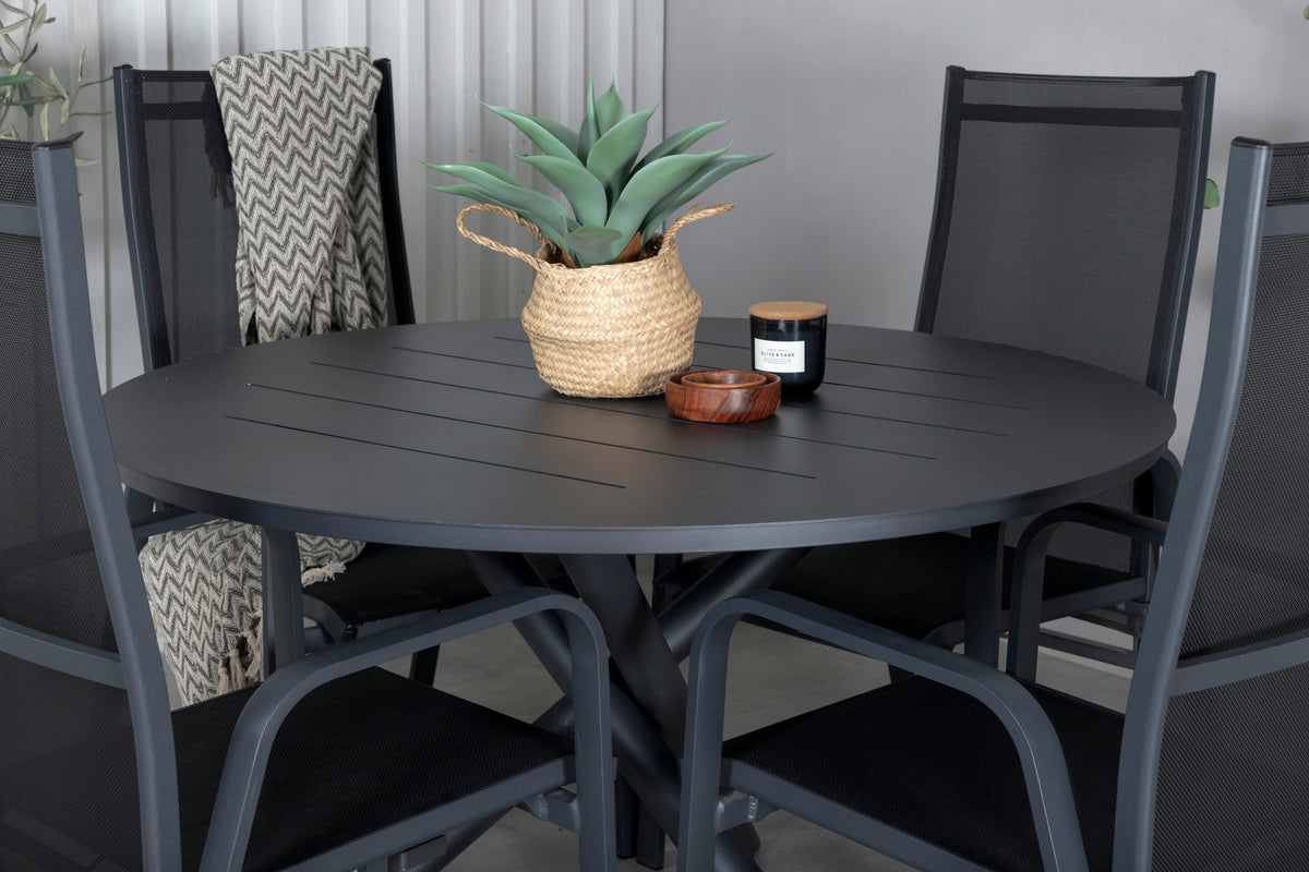 Alma & Copacabana Spisebord ⌀120 + Reclinerstole Sort