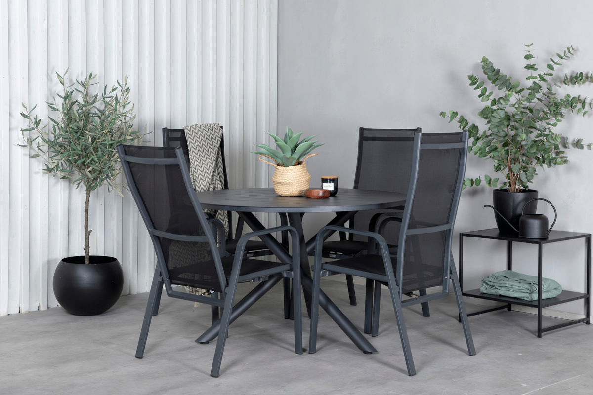 Alma & Copacabana Spisebord ⌀120 + Reclinerstole Sort