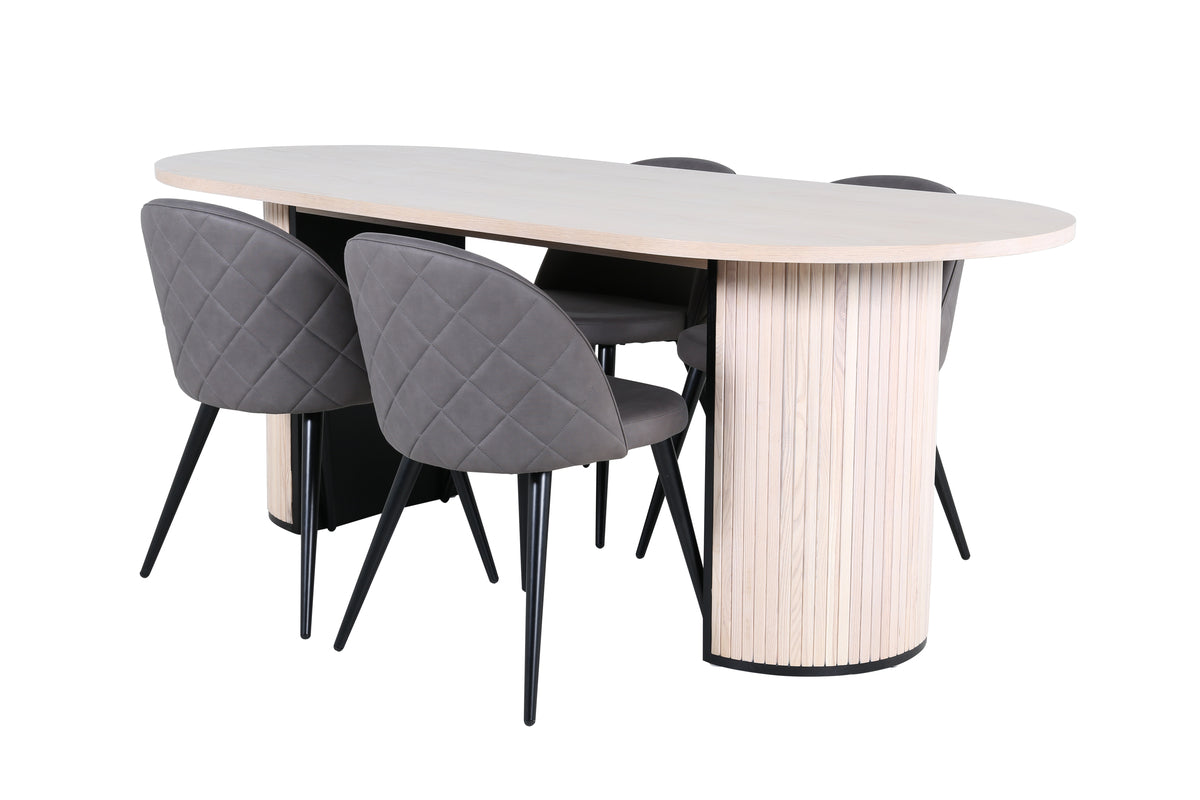 Bianca & Velvet oval spisebord 200 x 90 hvidvask + spisebordsstol 2-pak grå