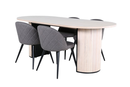 Bianca & Velvet oval spisebord 200 x 90 hvidvask + spisebordsstol 2-pak grå