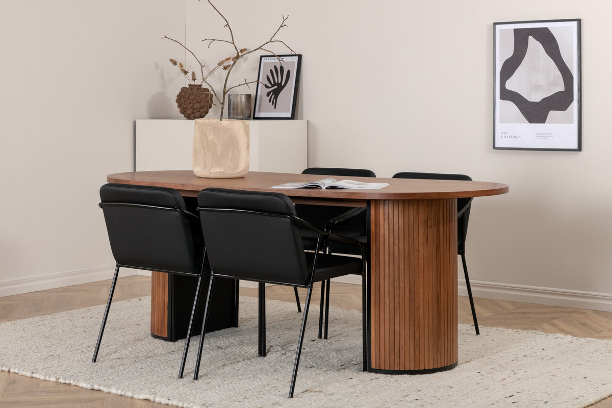 Tvist & Bianca Spisebænk 2-pak Sort + Oval Spisebord 200 x 90 Valnød