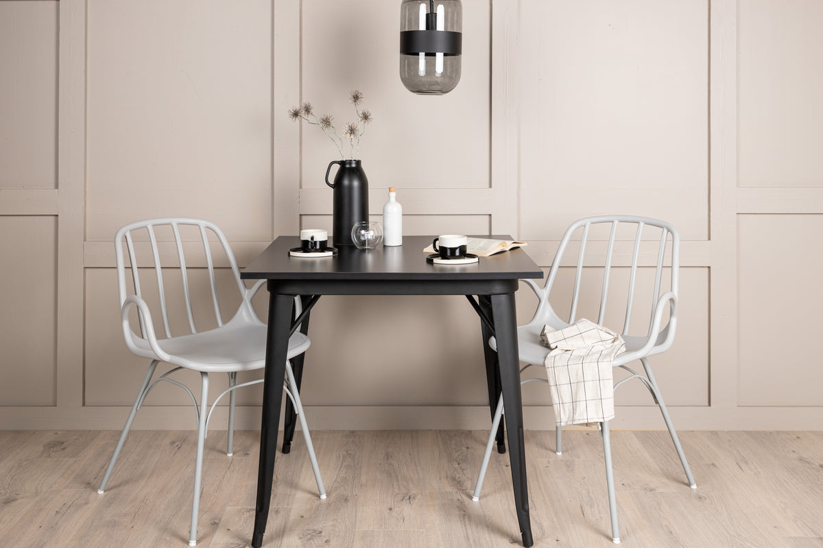 Tempe & Dyrön Rektangulært Spisebord 80 x 80 Sort + Spisebordsstol 2-pak Lys Grå