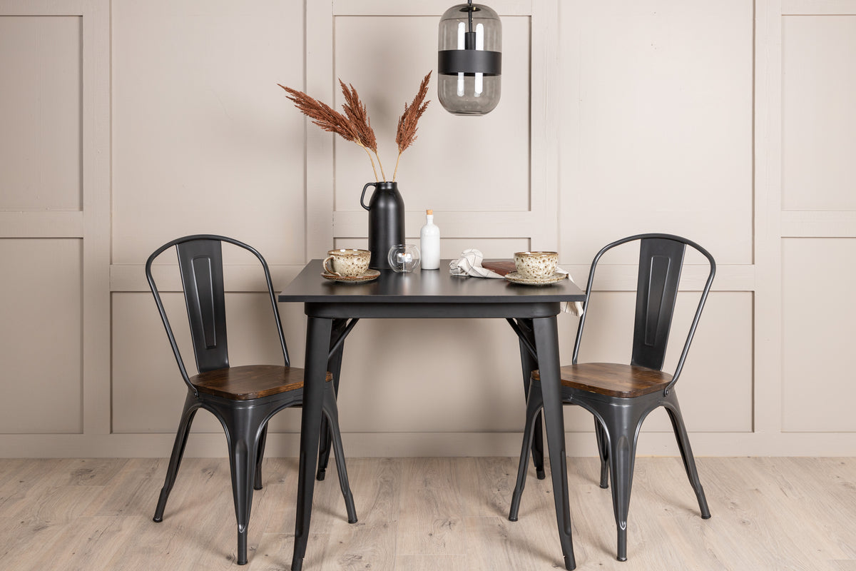 Tempe Rektangulært Spisebord 80 x 80 Sort + Spisebordsstol 2-pak Valnød