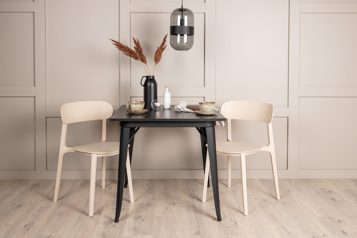 Tempe & Åstol Rektangulært Spisebord 80 x 80 Sort + Spisebordsstol 2-pak Beige