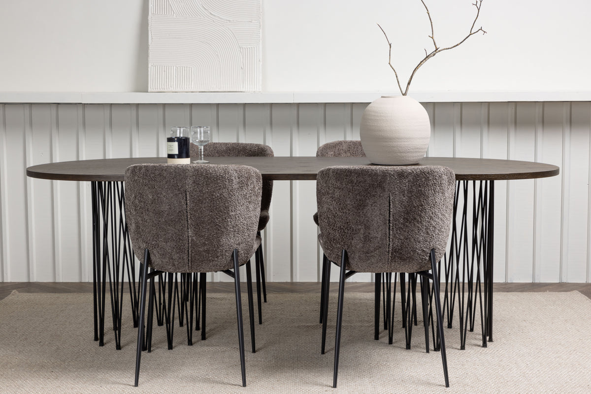 Modesto & Stone Spisebordsstol 2-pak Mørkegrå + Oval Spisebord 220 x 100 Mocca