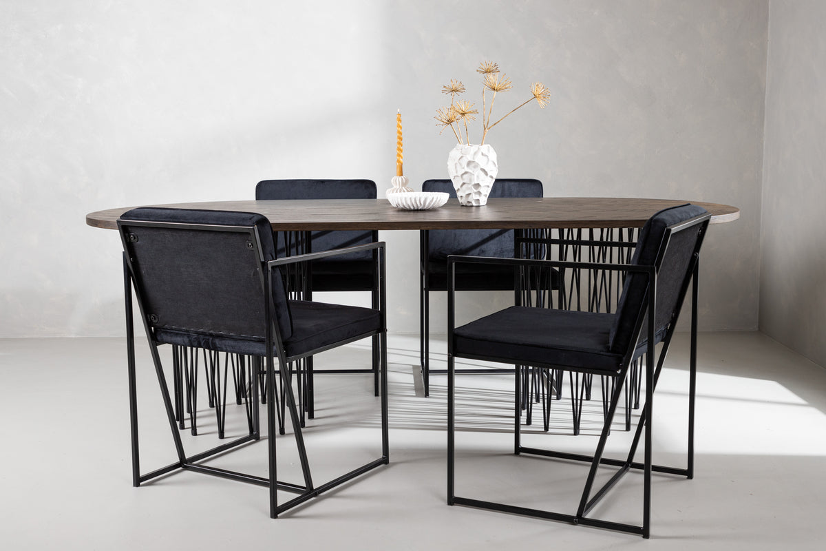 Richmond & Stone Spisebordsstol 2-pak Sort + Oval Spisebord 220 x 100 Mocca