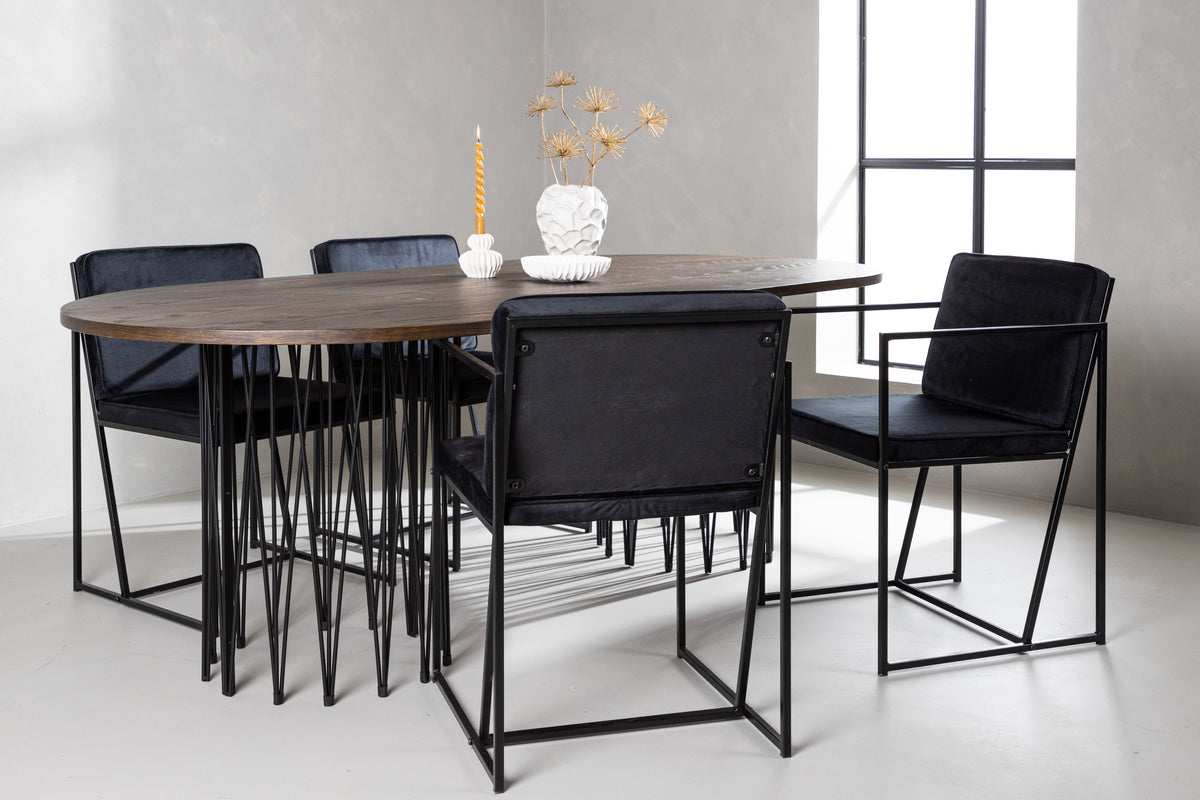 Richmond & Stone Spisebordsstol 2-pak Sort + Oval Spisebord 220 x 100 Mocca