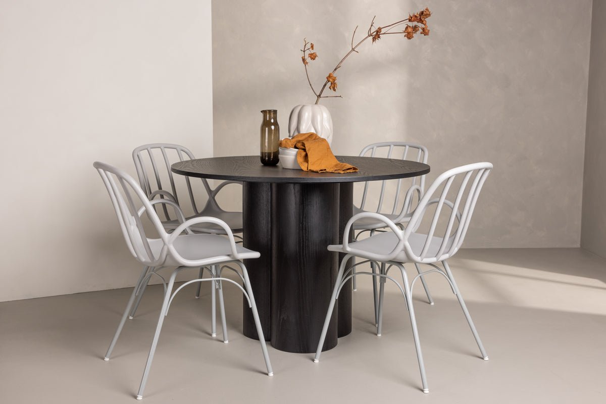Dyrön & Olivia Spisebordsstol 2-pak Lys Grå + Rundt Spisebord ⌀110 Sort