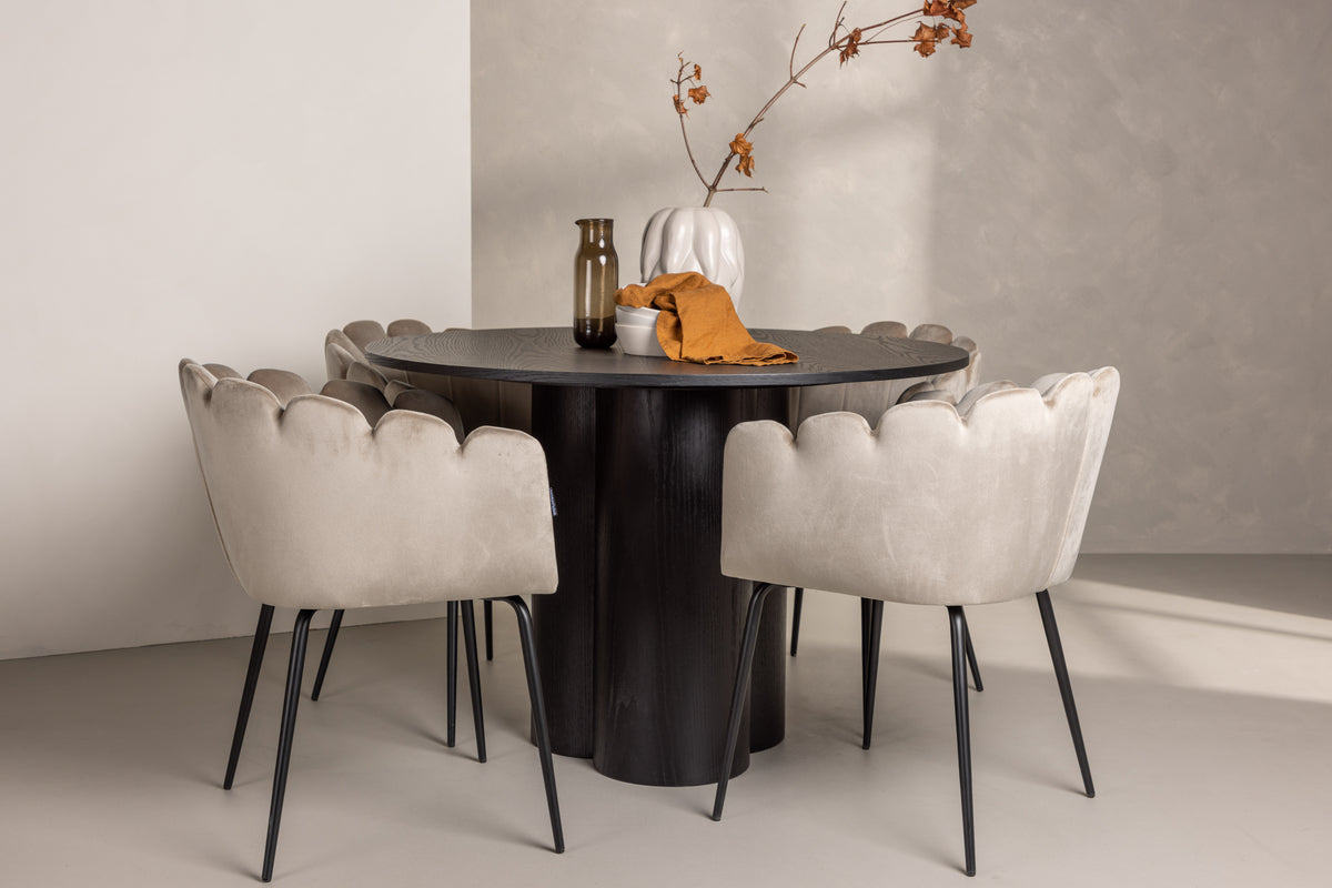 Limhamn & Olivia Spisebordsstol Beige + Rundt Spisebord ⌀110 Sort