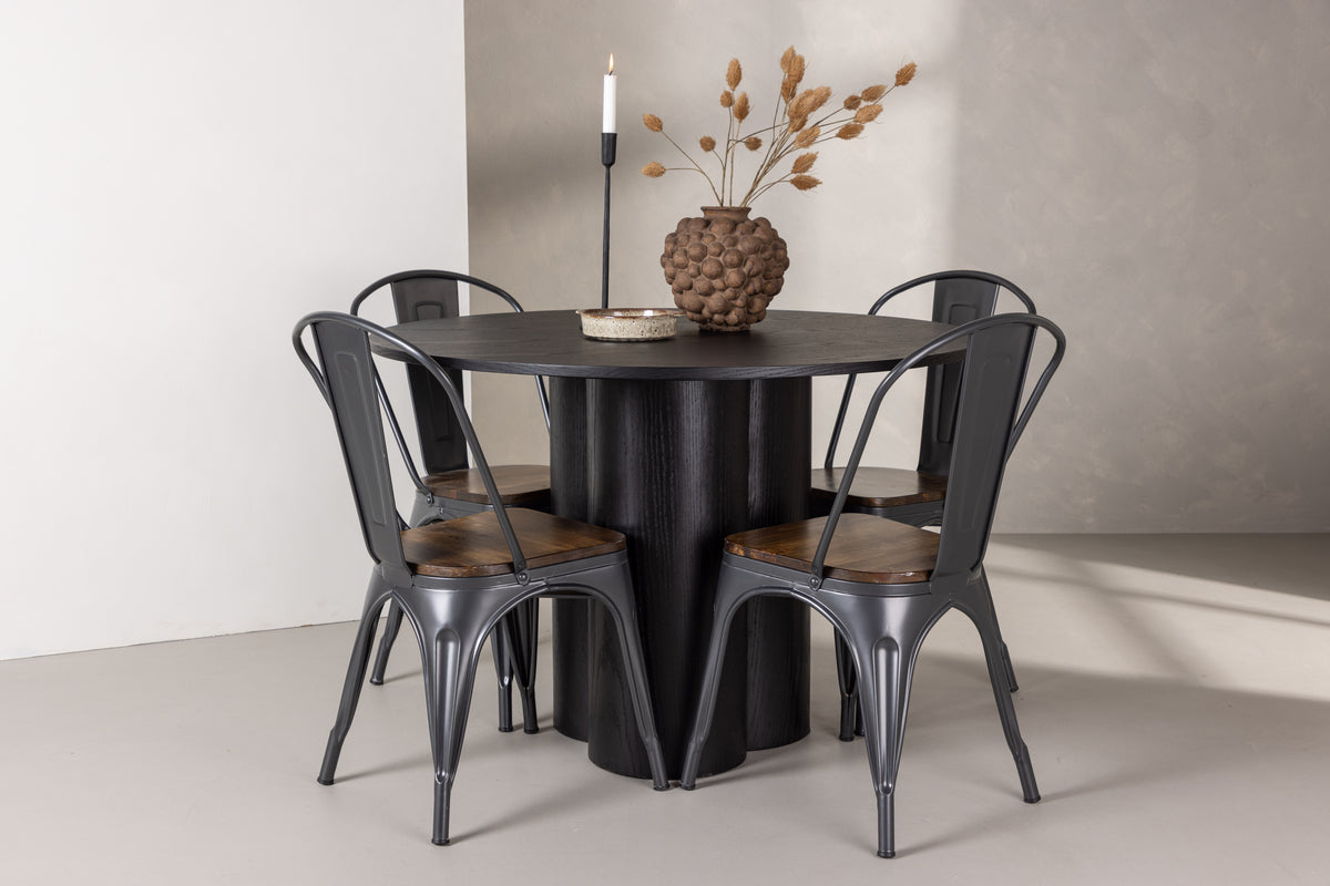 Tempe & Olivia Spisebordsstol 2-pak Valnød + Rundt Spisebord ⌀110 Sort