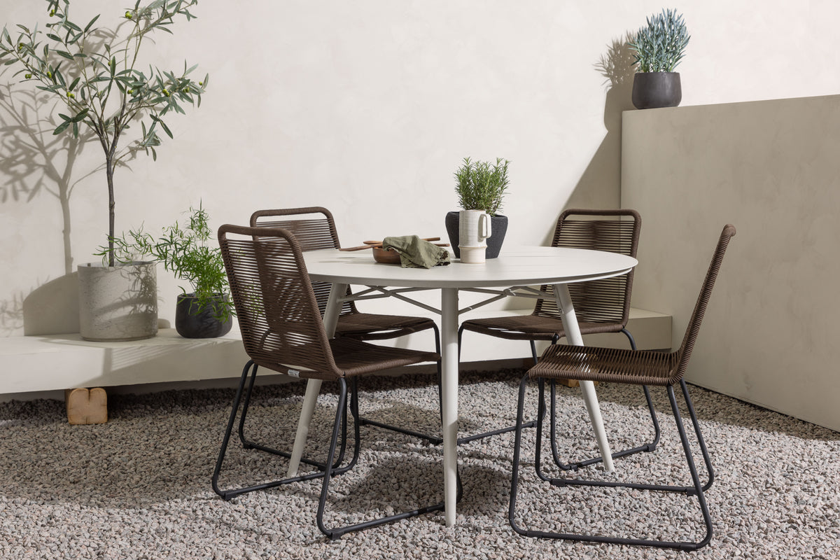 Lina & Lindos Rundt Spisebord ø120 Beige + Spisestole Brun