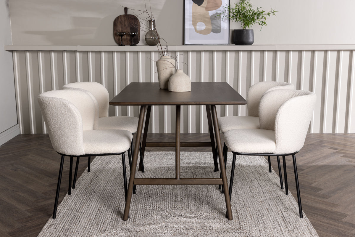 Rektangulært spisebord 120 x 80 mørkebrun + spisebordsstol 2-pak hvid