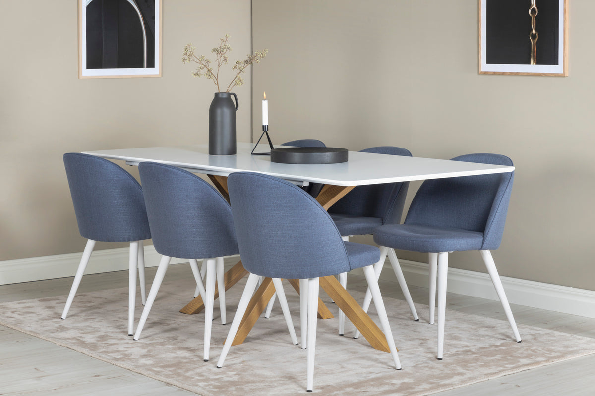 Velvet & Piazza Spisestole 2-pak Blå + Rektangulært Spisebord 180 x 90 Hvid