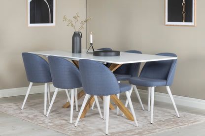 Velvet & Piazza Spisestole 2-pak Blå + Rektangulært Spisebord 180 x 90 Hvid