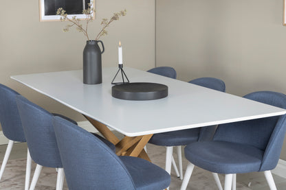Velvet & Piazza Spisestole 2-pak Blå + Rektangulært Spisebord 180 x 90 Hvid