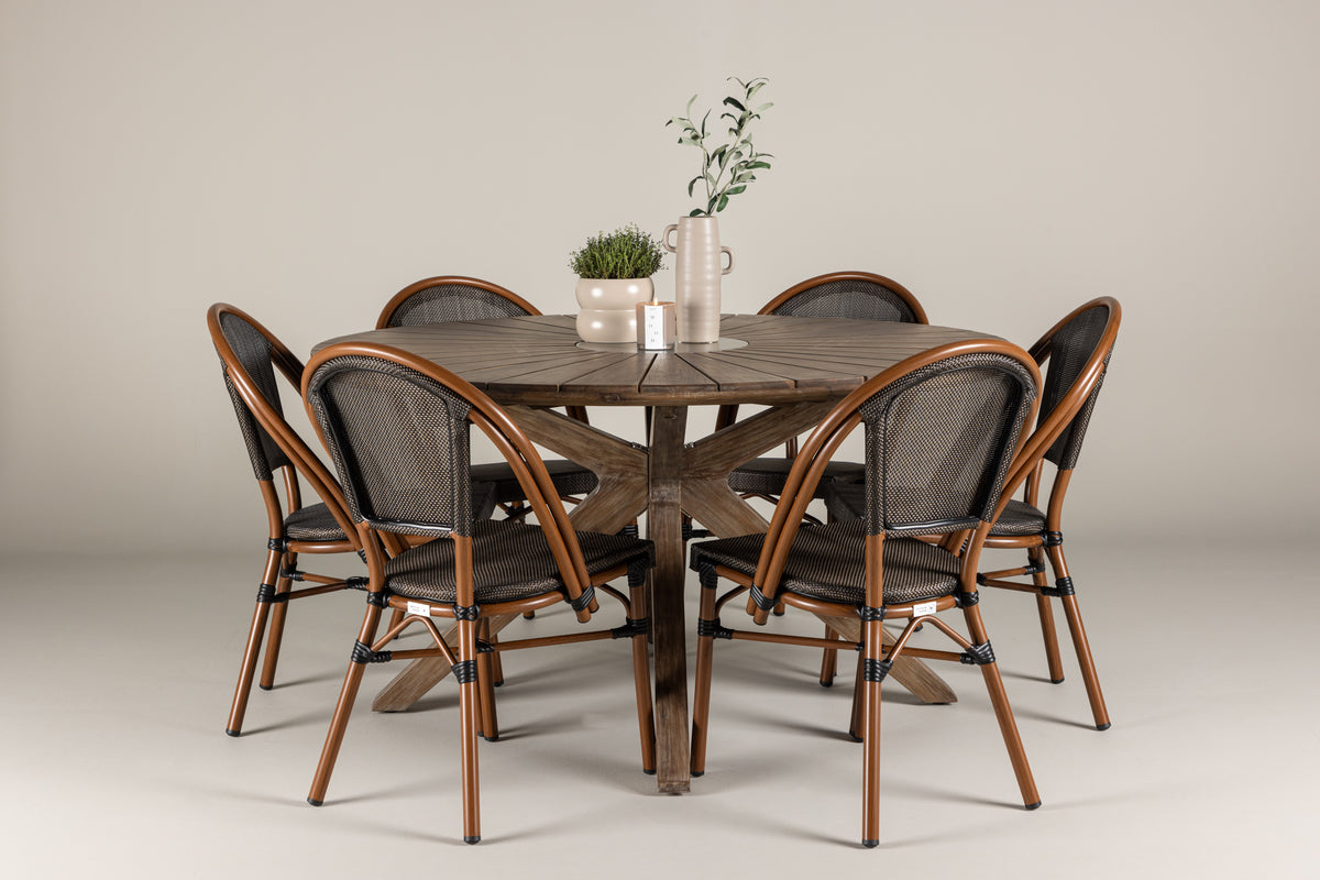 Rundt spisebord 140 Brun + Caféstol 2-pak Sort