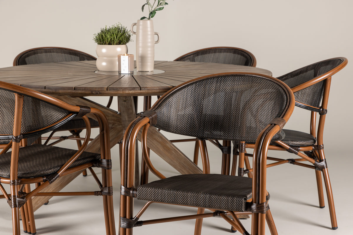 Rundt spisebord 140 Brun + Caféstol 2-pak Sort